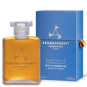 Aromatherapy Associates Deep Relax Bath & Shower Oil - 55-ml glass bottle in a blue box; a deeply relaxing essential oil blend