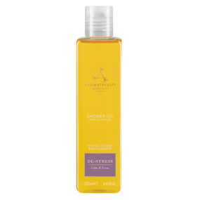 Aromatherapy Associates De-Stress Shower Oil -  250-ml clear plastic bottle; transforms from an oil to a gorgeous milky texture.