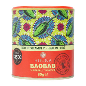 Aduna Baobab Superfruit Powder 80g - front image;  boosts immune system, increases energy release , improves skin health, supports gut health.