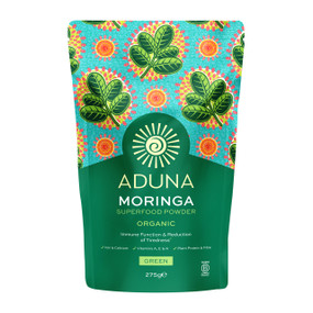 Aduna Moringa Green Superleaf Powder - 275-Grams front image; a natural powder made from the dried leaf of the Moringa ‘Miracle’ Tree. Exceptionally rich in nutrients, moringa has been prized since ancient times for its medicinal properties
