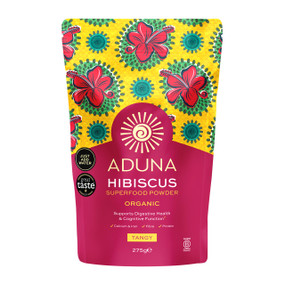 Aduna Hibiscus Superfood Powder - 275-Grams front image; rich in nutrients, polyphenols and antioxidants and has been used in many parts of Africa for centuries due to its remarkable health benefits and most traditionally to treat high blood pressure, maintain healthy blood sugar levels, high cholesterol, fevers, sore throats, digestive issues, inflammatory, cardiac and nerve disease.