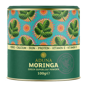 Aduna Moringa Green Superleaf Powder, 100g, in a green cardbord tin
