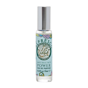 Alfresco Power Eau De Parfum 10ml in a transparent glass bottle with blue label & silver cap; Compact and portable, Alfresco Power Eau De Parfum (10ml) offers a luxurious fragrance while acting as an insect repellent to protect against bug bites, making it ideal for on-the-go protection.