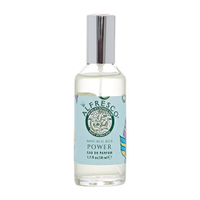 Alfresco Anti Bug Bite Power Eau de Parfum 50-ml—in a transparent glass bottle with blue label and silver cap; A natural, DEET-free insect repellent with 14 botanical essential oils, providing effective protection from mosquitoes with a pleasant fragrance.