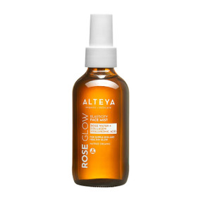 Alteya Rose Glow Elasticity Face Mist 120ml in an amber glass bottle with white cap; Boost skin elasticity and hydration with this rose water face mist.