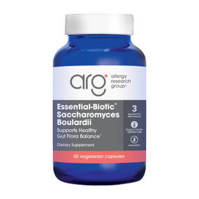 Allergy Research Saccharomyces Boulardii 60-capsules in a blue  container with a white lid; - maintain and restore the natural flora in the large and small intestine