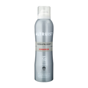 Altruist Invisible Sunspray SPF50, 200ml in a silver metal tube; Altruist Invisible Sunspray SPF 50 is a dermatologist-formulated, broad-spectrum UVA and UVB sunscreen (PPD 42) in a spray format.