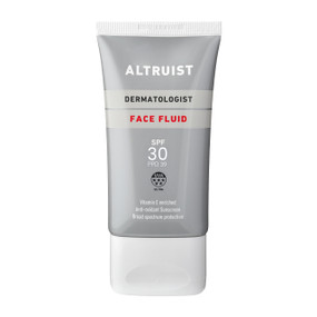 Altruist Face Fluid SPF30 50ml in a silver plastic tube and white cap;Altruist Dermatologist Face Fluid SPF30 offers broad-spectrum UVA/UVB protection with a lightweight, fast-absorbing formula.