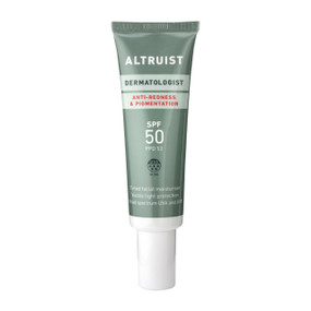 Altruist Anti-Redness and Pigmentation SPF50 30ml green plastic tube with white cap; This dermatologist-formulated green-tinted sunscreen and moisturiser is ideal for sensitive or redness-prone skin including rosacea and hyperpigmentation.