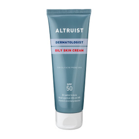 Altruist Oily Skin Cream SPF50 50ml in a teal-grey plastic tube with a white lid; a lightweight, matte, oil-free sun cream offering broad-spectrum SPF 50 face protection daily.