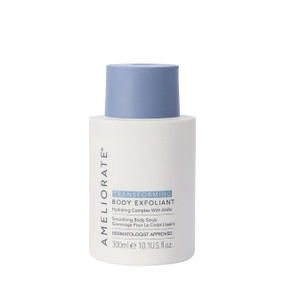 Ameliorate Transforming Body Exfoliant 300ml white tube with blue cap; Formerly Smoothing Body Exfoliant, this high-performance treatment gently exfoliates dry, rough and bumpy skin.