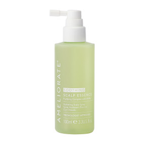 Ameliorate Soothing Scalp Essence 100ml green bottle;  provides instant moisture to sooth and relieve a flaky, itchy, dry scalp.