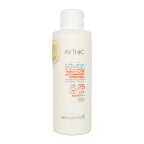 Aethic Sôvée SPF25 - 150-ml front image; The world's first reef and marine-friendly eco-compatible sunscreen with triple filter protection that defends your skin against UVA/UVB radiation while boosting and nourishing your complexion.