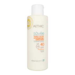 Aethic Sôvée SPF40 - 150-ml front image; marine-friendly eco-compatible sunscreen with triple filter protection that defends your skin against UVA/UVB radiation while boosting and nourishing your complexion.