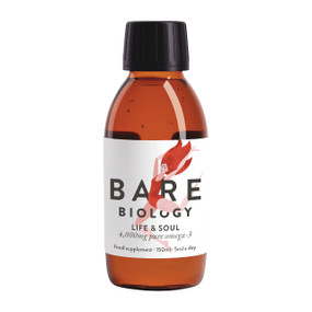 Bare Biology Life & Soul Pure Omega 3 Fish Oil - 150-ml  glass bottle. formerly Lion Heart Pure Omega 3, it is the best quality omega 3 fish oil with very high levels of the essential fats, EPA and DHA.