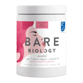 Bare Biology Skinful Marine Collagen Plus Vitamin C Strawberry Flavour - 300-Grams in a plastic tub; helps support everything from our skin, muscles, joints and bones to our fingernails and hair.