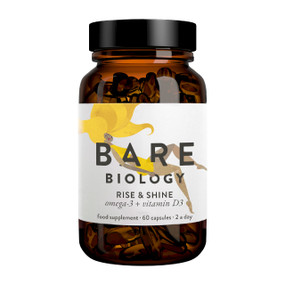 Bare Biology Rise & Shine Omega-3 Plus Vitamin D3 - 60-Capsules glass jar supports your immunity & maintain healthy omega-3 levels.