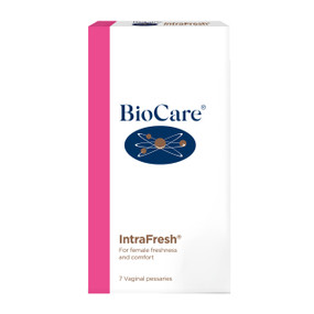 Biocare IntraFresh®  7 vaginal probiotic suppositories in a white & pink cardboard box