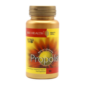 Bee Health Propolis 1000 mg, 90 tablets in a plastic yellow tub,
