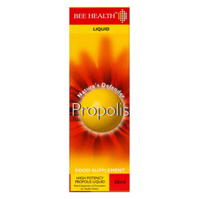 Bee Health Propolis  Liquid - 30-ml bottle in a red and yellow box; a natural substance collected by honey bees from buds and trees. Propolis contains tree resin, essential oils, waxes and bioflavonoids and helps to fight colds, viral infections and mouth ulcers.