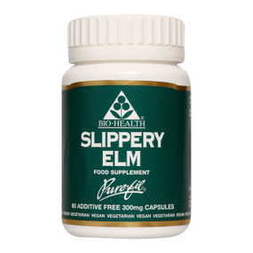 Bio-Health Slippery Elm - 300-mg 60-Capsules in a green tub; benefits the digestive system to calm acid reflux symptoms.