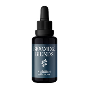 Blooming Blends Nighttime Blend - 30-ml glass dropper bottle with a blue label; supportive adaptogens, may help to release daily fatigue and help you find a restorative rest.