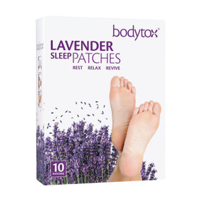 Bodytox Lavender Sleep Patches - 10 patches in a white carton box with lavender flowers on it; encourages a gentler sleep and promotes health & wellbeing