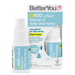 Better You D400 Infant Vitamin D Oral Spray - 400-iu 15-ml white bottle with a blue label; delivers 400-iu (10-mcg) of bioavailable vitamin D3 in a convenient spray form