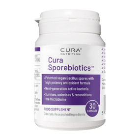 Cura Nutrition Cura Sporebiotics™ - 30-Capsules in a white tub with a purple label; a dairy-free spore-based probiotics supplement with antioxidants