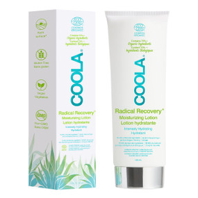 Coola Ecocert Radical Recovery After-Sun Lotion -  white box and 148-ml white after sun lotion tube; soothes skin after a day in the sun.