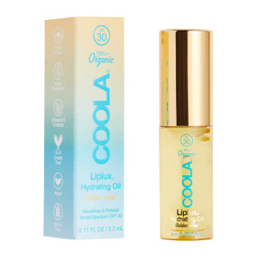 Coola Liplux® Hydrating Lip Oil Sunscreen SPF 30 - yellow and light blue box & 3.2-ml yellow tube;  The lip oil helps relieve dry lips while protecting them from the sun.