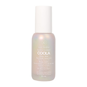 Coola Clear Skin Oil-Free Moisturizer SPF 30 - 33ml in a transparent glass tube with white cap; Coola SPF 30 sunscreen is a dermatologist-tested, mineral sunscreen that offers broad-spectrum UVA/UVB protection with a lightweight, oil-free formula designed for sensitive, acne-prone skin.
