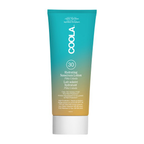Coola Hydrating Sunscreen Lotion SPF 30 - Pina Colada 148ml yellow and blue tube; is a nourishing, fast-absorbing formula that hydrates and protects skin with broad-spectrum SPF 30, leaving a refreshing pina colada scent.