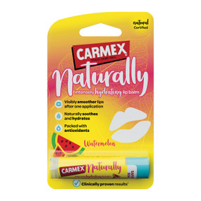 Carmex Naturally Intensely Hydrating Lip Balm Watermelon - 4.25-Grams yellow carton box & lip balm stick; intensely hydrating & ideal for dry, chapped lips.