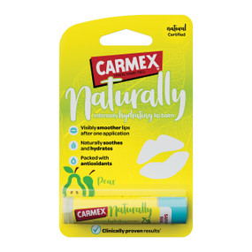 Carmex Naturally Intensely Hydrating Lip Balm Pear - 4.25-Grams yellow carton box & lip balm stick; helps soften dry & chapped lips.