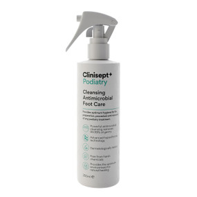Clinisept+ Podiatry - 250-ml white plastic spray bottle; cleanses, deodorises and provides exceptional microbial control without stinging or causing skin irritation.