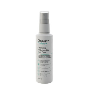 Clinisept+ Podiatry - Travel Size - 100-ml white plastic spray bottle; cleanses, deodorises and provides exceptional microbial control without stinging or causing skin irritation.