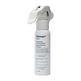 Clinisept+ Skin 100ml in a white plastic bottle; this hypochlorous acid spray cleanses and calms skin for quick recovery without irritation.