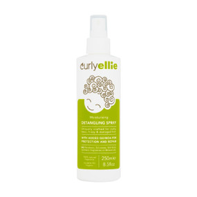 CurlyEllie Moisturising Detangling Spray - 250-ml white and green bottle; hydrates, de-frizzes, glides through knots and makes your curls manageable, shiny and full of life.