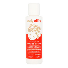 CurlyEllie Lasting Hold Styling Serum - 125-ml  white bottle with a red label