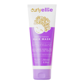 CurlyEllie Intensive Treatment Mask - 250-ml white and purple tube; hydrates, nourishes, moisturises, and repairs hair while reducing frizz and restoring shine, bounce, and radiance. Ideal for dry, damaged, or coloured hair.