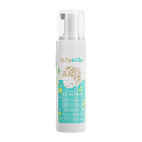 CurlyEllie Flexible Hold Styling Foam 150ml in a white & turquoise plastic tube; CurlyEllie Flexible Hold Styling Foam is the ultimate styling solution for curly hair of all types—whether loose, tight, coily, or wavy.