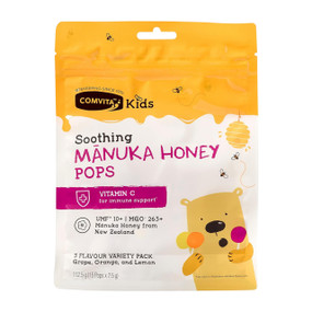 Comvita Kids Soothing Manuka Honey Pops in a white, yellow & pink plastic bag; Naturally sweetened lollipops with UMF™ 10+ Manuka Honey and Vitamin C to soothe sore throats and support immunity. Available in grape, orange, and lemon flavours.