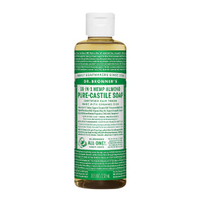 Dr Bronner's Organic Almond Pure Castile Liquid Soap - 236-ml bottle with green label; a multi-purpose liquid soap which is great for cleansing your face, body and hair