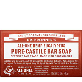 Dr Bronner's Eucalptus Organic Soap Bar - 140-Grams wrapped in brown and white paper; helps open your pores and clears your sinuses
