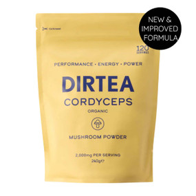 DIRTEA Cordyceps Mushroom Powder Pouch - 240-Grams 120-Servings yellow aluminium pouch; Cordyceps Mushrooms are powerful adaptogens which help our bodies adapt to stress and maintain balance.