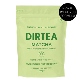 DIRTEA Matcha 180 grams green pouch; is now fortified with an organic B vitamin complex, including B6, B12, Biotin, and Pantothenic Acid, to support psychological function, the nervous system, boost energy levels, and enhance hair, skin, nails.