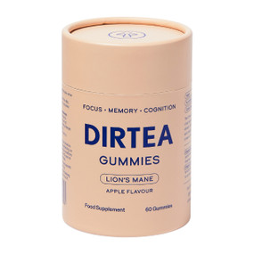DIRTEA Lion's Mane Mushroom 60 Gummies in a beige cardboard tube;  apple-flavoured mushroom gummies aim to support cognitive function, memory, nervous system regulation, and mental clarity while reducing tiredness and fatigue.