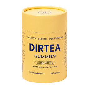 DIRTEA Cordyceps Mushroom 60 Gummies in a yellow cardboard tube;  mixed berry-flavoured gummies provide numerous health benefits including helping to reduce fatigue and support normal energy-yielding metabolism, as well as the normal function of the immune system