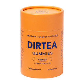 DIRTEA Chaga Mushroom 60 Gummies in an orange cardboard tube; with Vitamin C and Zinc, which all work together to enhance energy-yielding metabolism and strengthen the immune system
